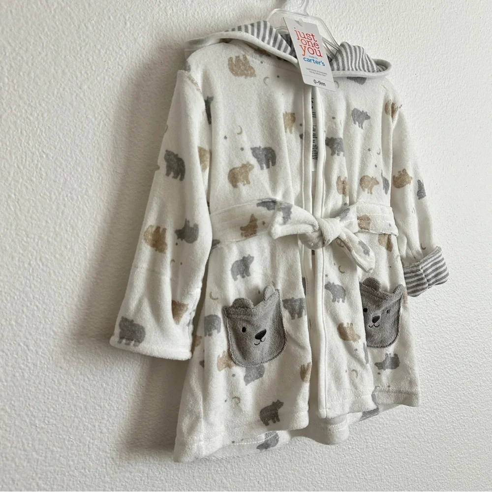 Carter's Just One You White Gray Baby Bear Print Hooded Bath Robe Size 0-9M